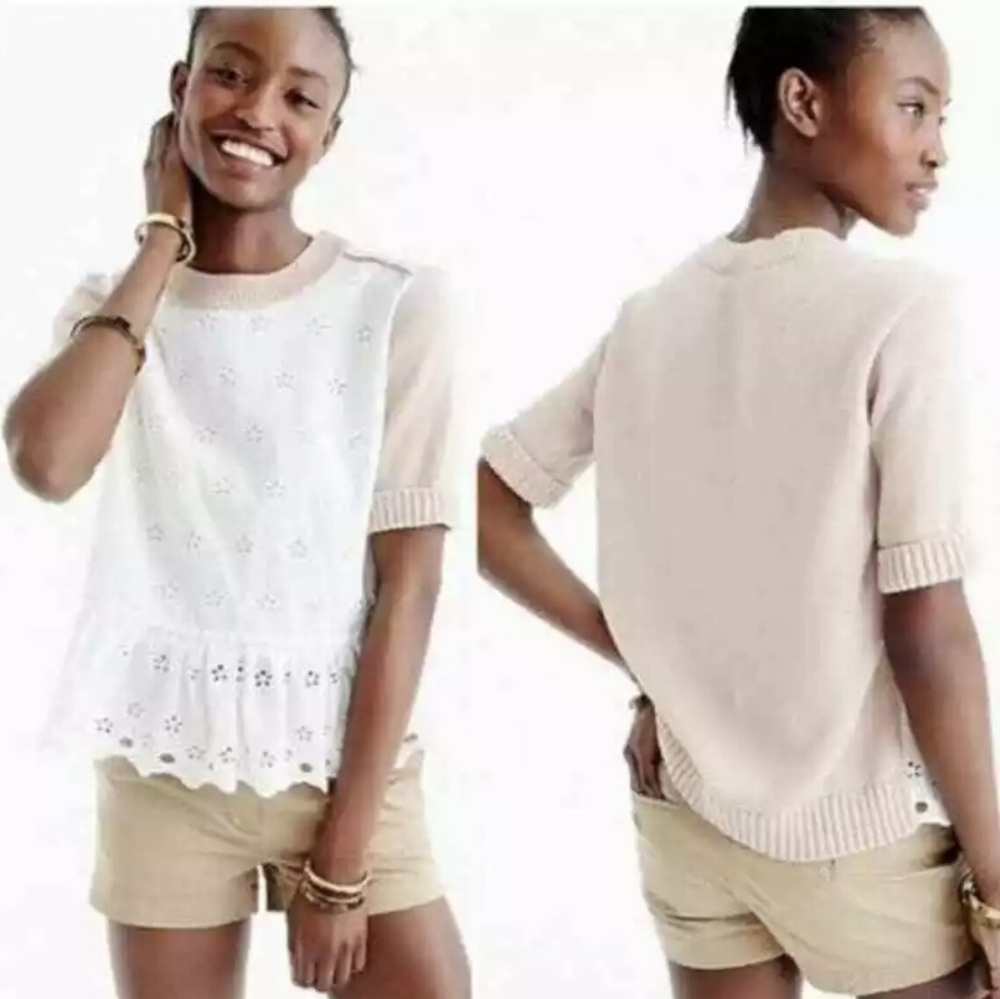 J. Crew Colorblock Peplum Eyelet Sweater Short Sleeves